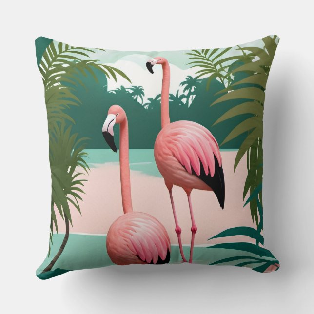 Tropical Flamingo Paradise Throw Pillow (Back)