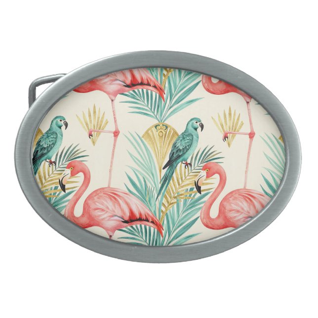 Tropical Flamingo Parrot Jungle Belt Buckle (Front)