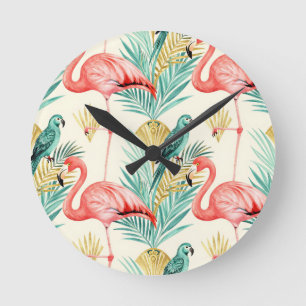 Tropical Flamingo Parrot Jungle Round Clock