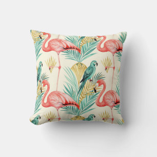 Tropical Flamingo Parrot Jungle Throw Pillow
