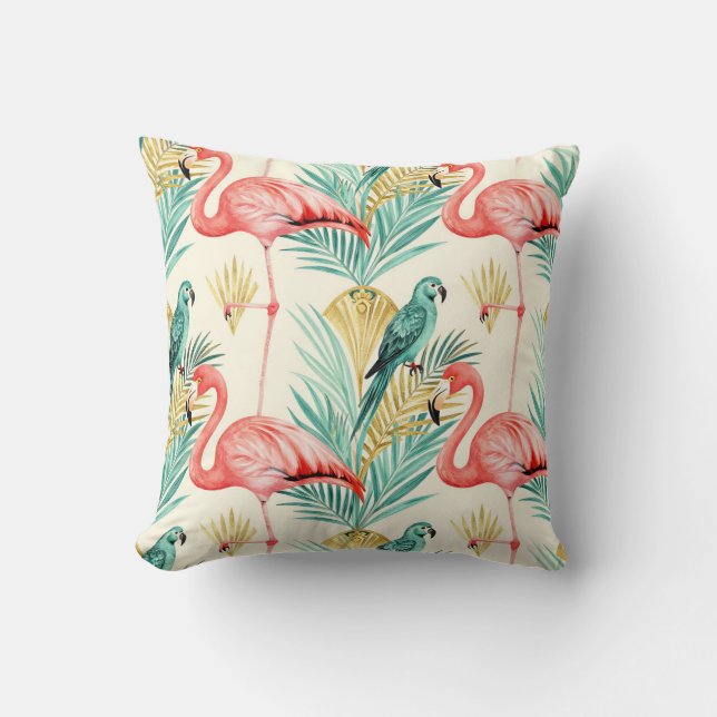 Tropical Flamingo Parrot Jungle Throw Pillow (Front)