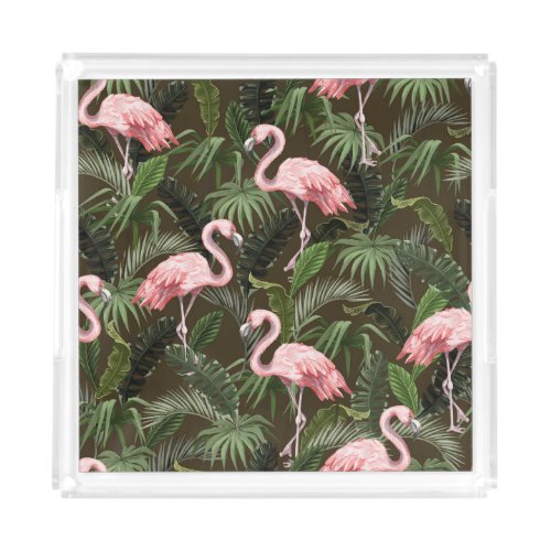 Tropical Flamingo Pattern Vintage Leaves Acrylic Tray