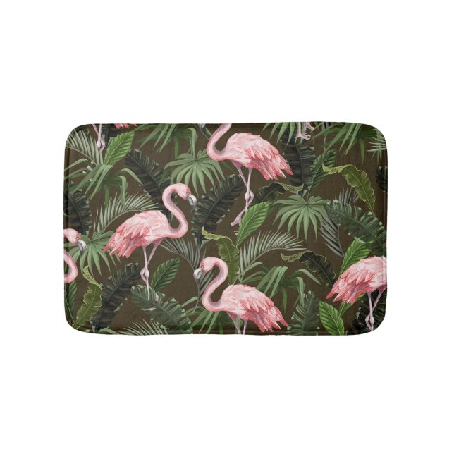 Tropical Flamingo Pattern: Vintage Leaves Bath Mat (Front)