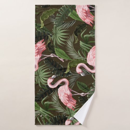 Tropical Flamingo Pattern Vintage Leaves Bath Towel