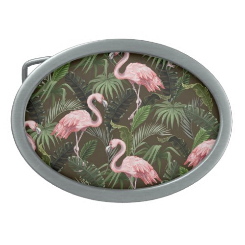 Tropical Flamingo Pattern Vintage Leaves Belt Buckle