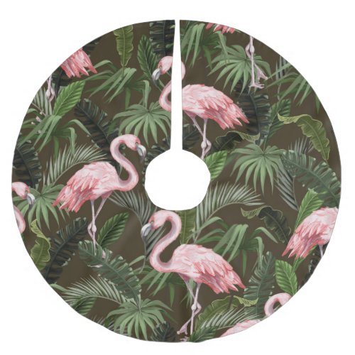 Tropical Flamingo Pattern Vintage Leaves Brushed Polyester Tree Skirt
