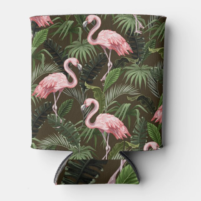 Tropical Flamingo Pattern: Vintage Leaves Can Cooler (Front)
