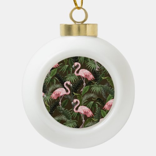 Tropical Flamingo Pattern Vintage Leaves Ceramic Ball Christmas Ornament