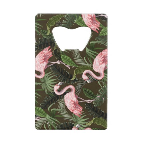 Tropical Flamingo Pattern Vintage Leaves Credit Card Bottle Opener