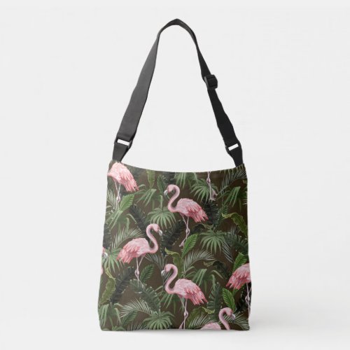 Tropical Flamingo Pattern Vintage Leaves Crossbody Bag