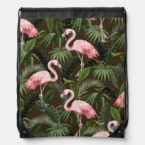 Tropical Flamingo Pattern Vintage Leaves Drawstring Bag