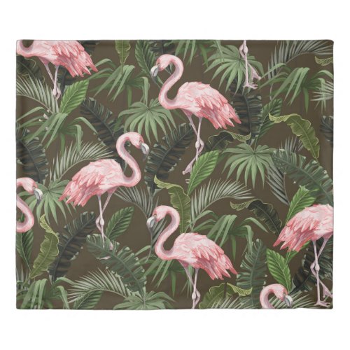 Tropical Flamingo Pattern Vintage Leaves Duvet Cover