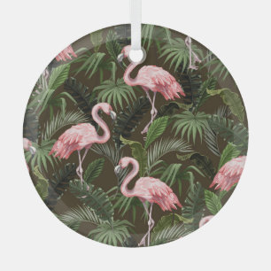 Tropical Flamingo Pattern: Vintage Leaves Glass Ornament