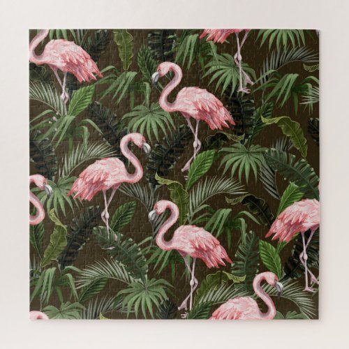 Tropical Flamingo Pattern Vintage Leaves Jigsaw Puzzle