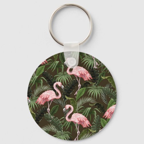 Tropical Flamingo Pattern Vintage Leaves Keychain