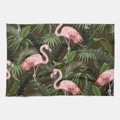 Tropical Flamingo Pattern Vintage Leaves Kitchen Towel