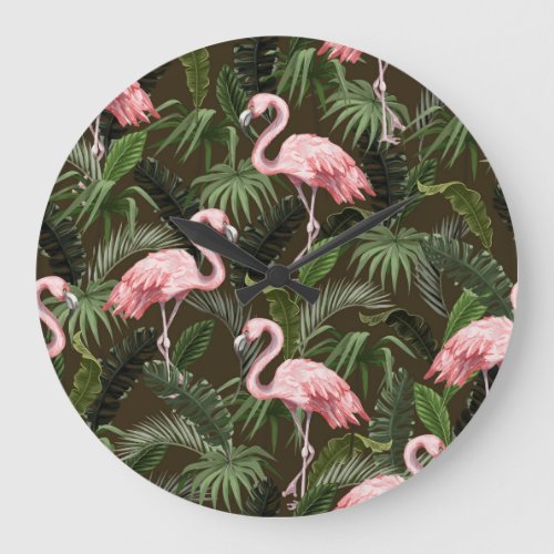 Tropical Flamingo Pattern Vintage Leaves Large Clock