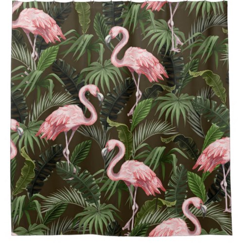 Tropical Flamingo Pattern Vintage Leaves Shower Curtain