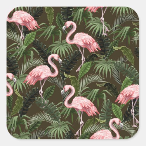 Tropical Flamingo Pattern Vintage Leaves Square Sticker