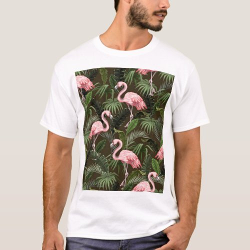 Tropical Flamingo Pattern Vintage Leaves T_Shirt
