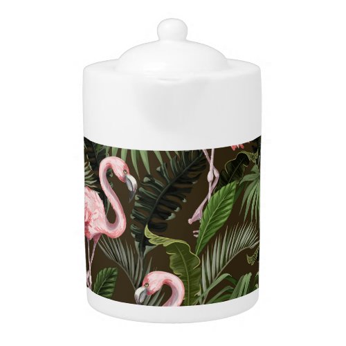 Tropical Flamingo Pattern Vintage Leaves Teapot