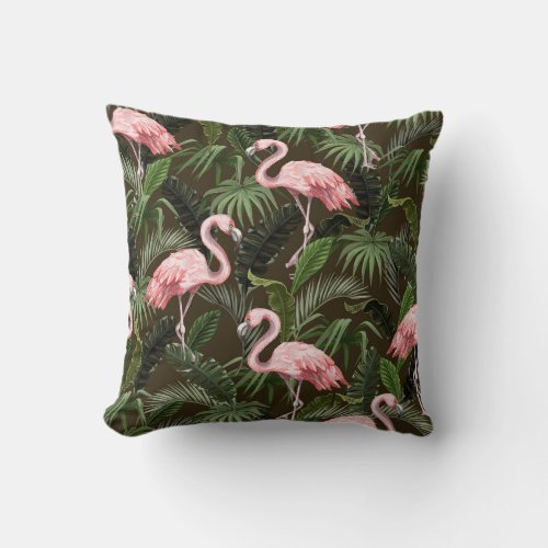 Tropical Flamingo Pattern Vintage Leaves Throw Pillow