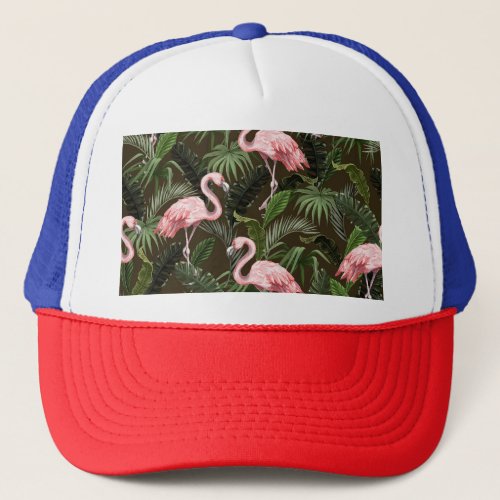 Tropical Flamingo Pattern Vintage Leaves Trucker Hat