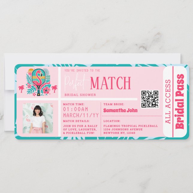 Tropical Flamingo Pickleball Bridal Shower Ticket Invitation (Front)