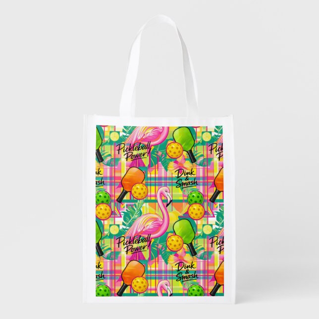 Tropical Flamingo Pickleball  Grocery Bag (Front)