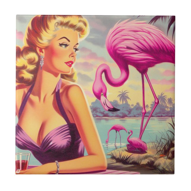 Tropical Flamingo Pin-up Ceramic Tile (Front)