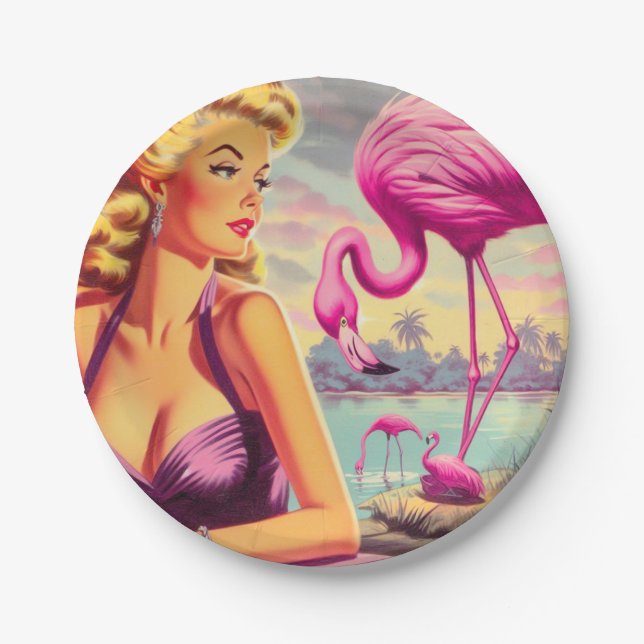 Tropical Flamingo Pin-up Paper Plates (Front)