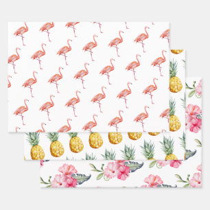 Tropical Flamingo Pineapple Summer Cute Wrapping Paper Sheets