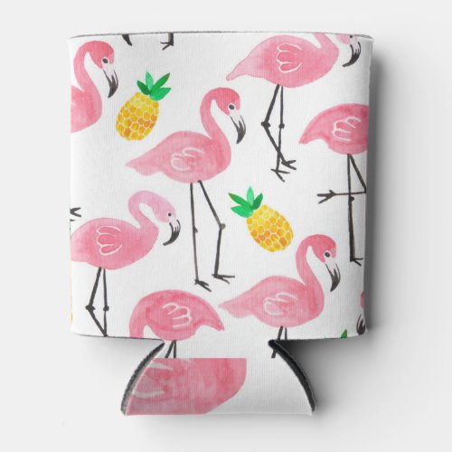 Tropical Flamingo Pineapple Watercolor Set Can Cooler