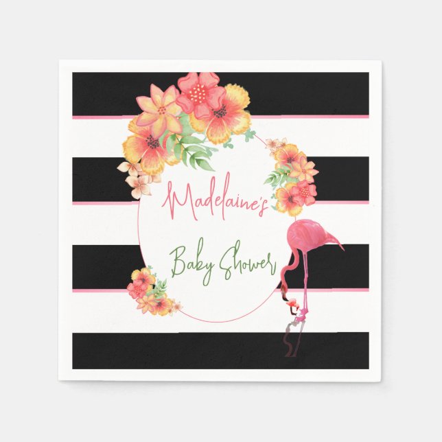 Tropical Flamingo Pink Black Stripe Baby Shower Napkins (Front)