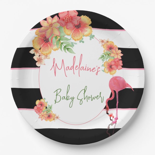 Tropical Flamingo Pink Black Stripe Baby Shower Paper Plates (Front)