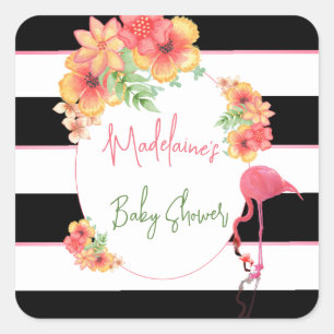 Tropical Flamingo Pink Black Stripe Baby Shower Square Sticker