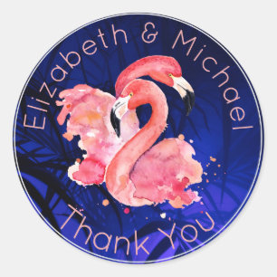 Tropical Flamingo Pink Blue Thank You Favor Classic Round Sticker