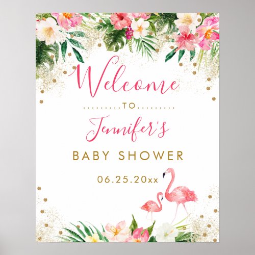 Tropical Flamingo Pink  Gold Baby Shower Welcome Poster