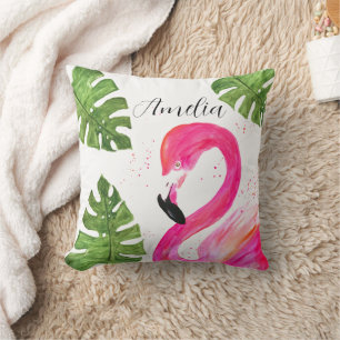 Tropical Flamingo Pink Palm Leaves Green Art Bird Throw Pillow