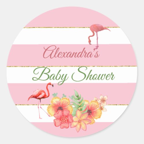 Tropical Flamingo  Pink Stripe Baby Shower Classic Round Sticker