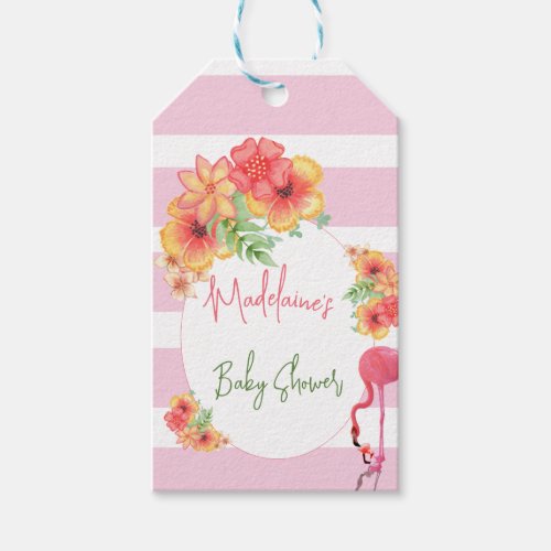 Tropical Flamingo Pink Stripe Baby Shower Gift Tags