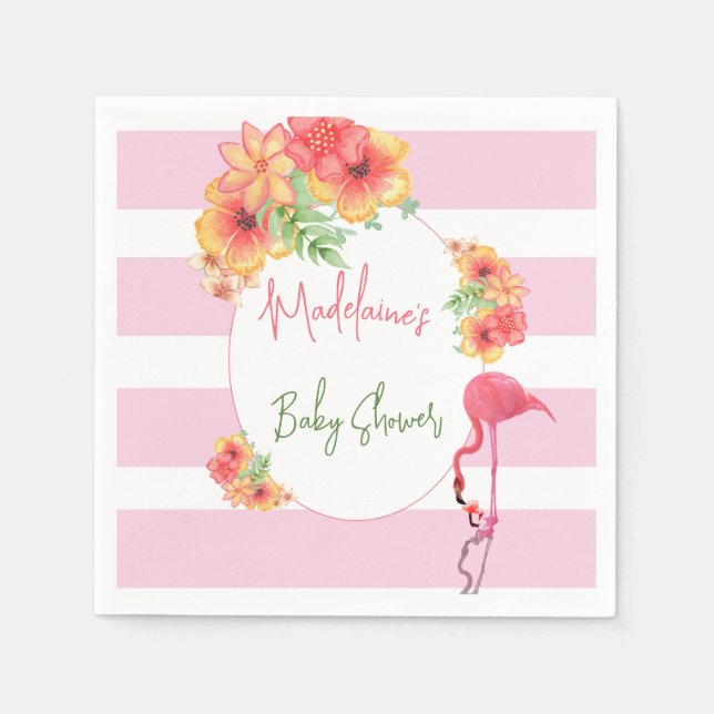 Tropical Flamingo Pink Stripe Baby Shower Napkins (Front)