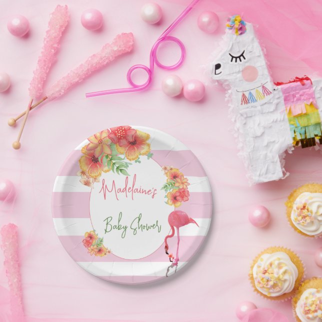 Tropical Flamingo Pink Stripe Baby Shower Paper Plates (Party)