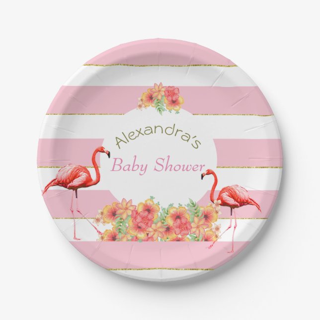 Tropical Flamingo  Pink Stripe Baby Shower Paper Plates (Front)