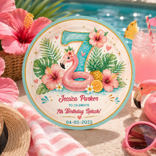 Tropical Flamingo Pool Party 7th Birthday Splash Classic Round Sticker