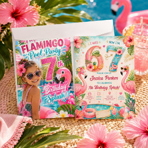 Tropical Flamingo Pool Party 7th Birthday Splash Invitation