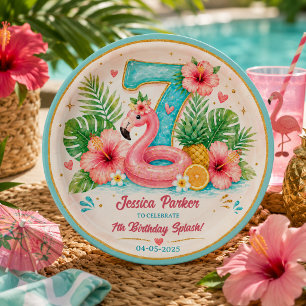 Tropical Flamingo Pool Party 7th Birthday Splash Paper Plates