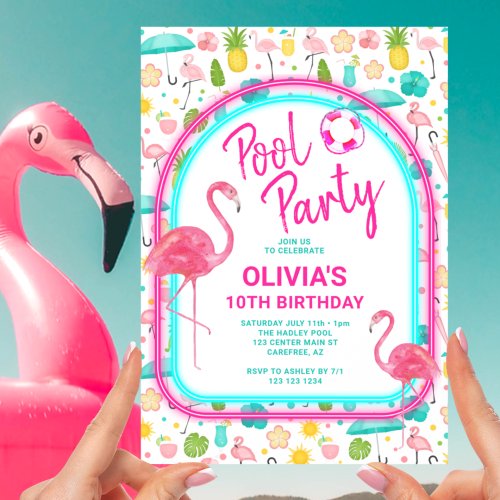 Tropical Flamingo Pool Party Birthday Invitation