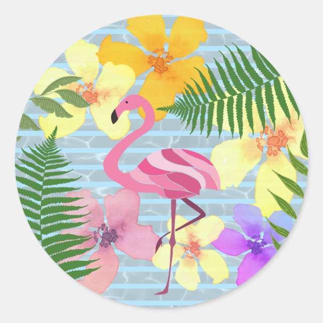 Tropical Flamingo Pool Party Favor Classic Round Sticker (Front)