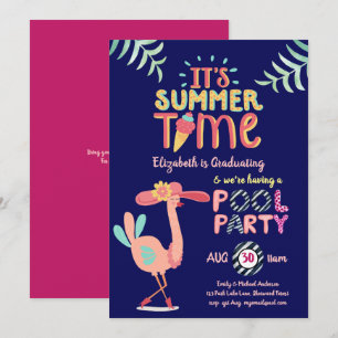 Tropical Flamingo POOL PARTY Pink Blue Girls Invitation